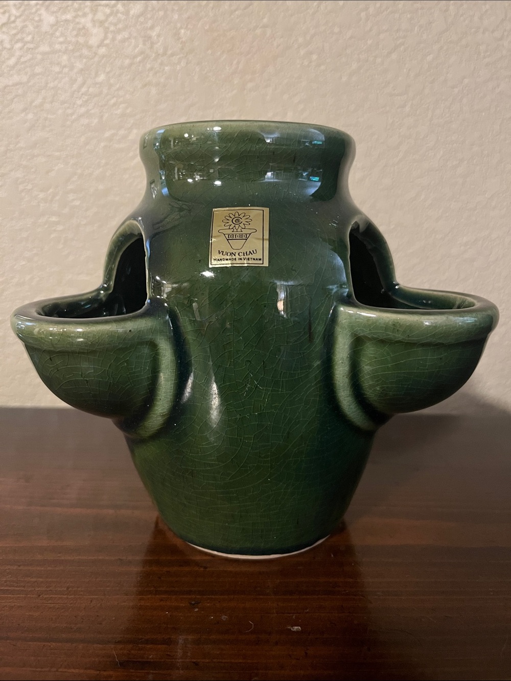 Vintage Miniature Hand Crafted Emerald Green Ceramic Multi-Pocket Planter